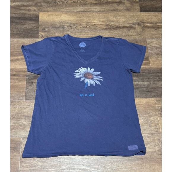 Life is Good T-Shirt Woman's Large Flower Blue Tee - Picture 1 of 6